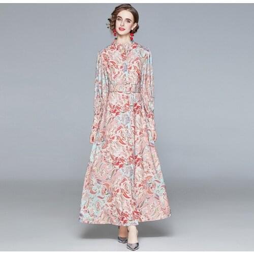 2020 New Autumn Runway Designer Flower Maxi Dress Women Long Sleeve Rose Floral Print Elastic Waist Chiffon Holiday Long Dress