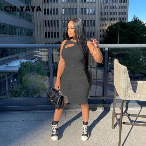 CM.YAYA Women Mini Dress Solid Mesh See-through Sleeveless Hollow Out Stretchy Bodycon Dresses Sexy Night Clubwear Summer Outfit