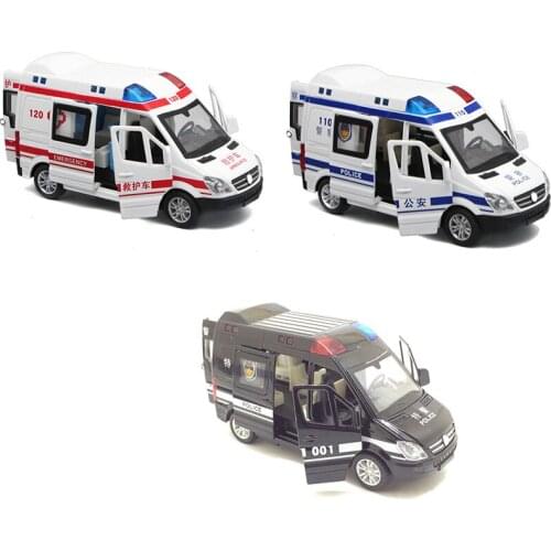 1:32 Rescue Ambulance Police Diecast Metal Car Model with Pull Back Sound Light for Children Toys Gifts