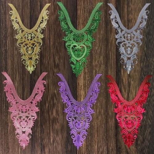 1pc Large Beaded Rhinestones Neck Collar Lace African Cord Repair Applique Embroidery Iron on Patches T2705