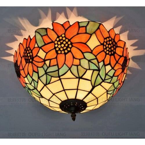 16 Inch Flesh Country sunFlowers Tiffany ceiling light Stained Glass Lamp for Bedroom E27 110-240V