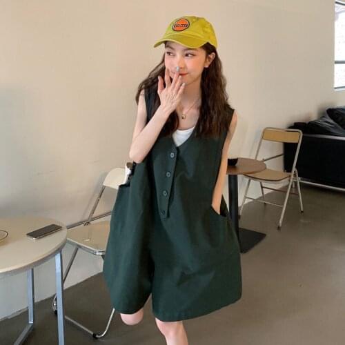 2021 KoukiMa New Women Summer Casual Loose Sleeveless Jumpsuits Wide Leg Playsuits With Buttons Pocket Kawaii Sweet Jumpsuit