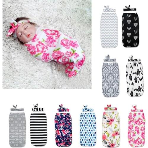 Baby Blankets Printed Newborn Infant Baby Boys Girls Sleeping Swaddle Muslin Wrap +Headband 2PC Photography Prop