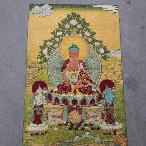 Home Decor 35" Thangka embroidery Tibetan Buddhism silk embroidery brocade Nepal Shakyamuni Buddha Statue Manjusri Samantabhadra