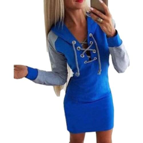 Hot Apparel Summer Autumn Dresses Casual Color Blocks Lace Up V Neck Long Sleeve Women Hoodies Bodycon Mini Dress платье