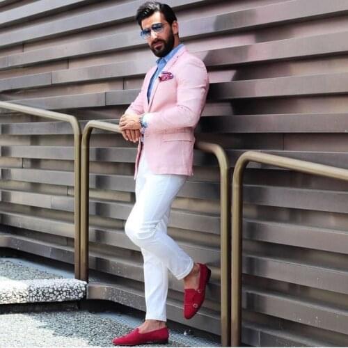 2019 Latest Coat Pant Designs Casual Mens Suits Pink Groom Tuxedos Blazer Groomsmen Wedding Party Suits For Beach Best Man Suits