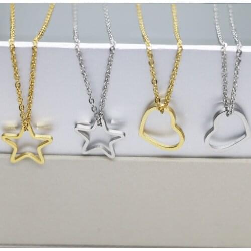 Stainless Steel Simple Hollow Star Heart Charm Pendant Necklaces Classic Gold Color Steel Chain Jewelry Love Necklaces