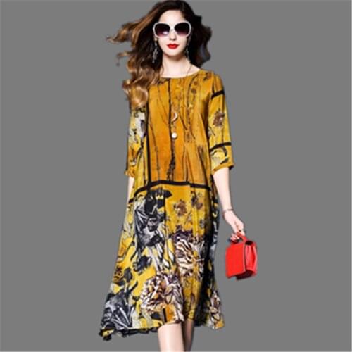 2019 Women Dress Elegant Floral Spring Summer Three Quarter Sleeve Vestidos Chinese Vintage Print Faux Silk Dresses High Quality