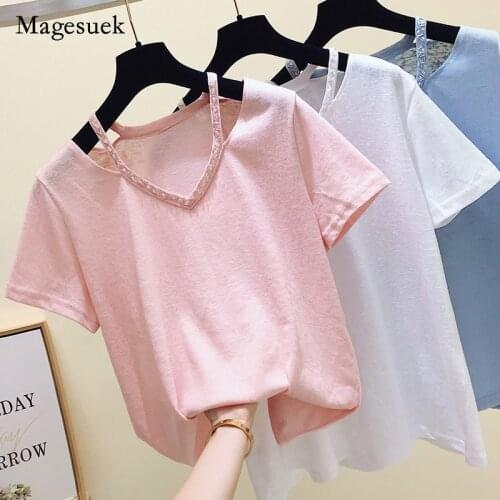 Plus Size Cotton Shirt Fashion Tops Women 2021 New Summer Short Sleeve Tshirt Lady Hollow Out V-Neck Loose Women Clothing 13631