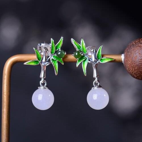 S925 Sterling Silver Natural Hetian Jade Bamboo Leaf Earrings Long Earrings Elegance Retro Unique Ear Studs Earrings Women