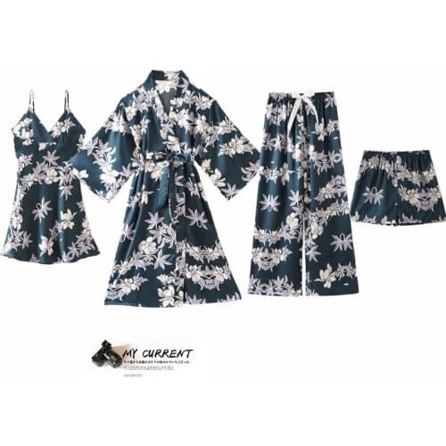 Women Pajamas Print Nightwear Casual Sleepwear 5PCS Robe Set Faux Silk Kimono Gown Soft Intimate Lingerie Home Clothes