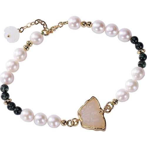 S925 sterling silver gold plated Hetian Jade Pearl personality butterfly retro elegant lady bracelet Wrist ring