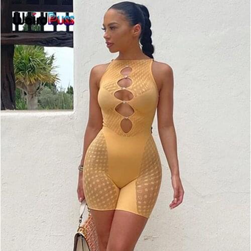 Weird Puss Diamond Button Women Sexy Romper Sleeveless Mesh Patchwork Playsuits Hollow Out Fitness Activewear Workout Outfits