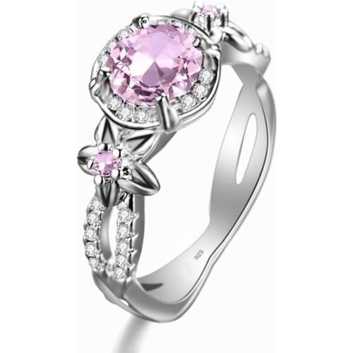 Szjinao Silver Flower Ring For Women Pure 925 Sterling Silver Ring Delicate Pink Crystals Rings Cute Party Fashion Jewelry Gift