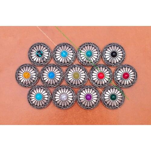 10pcs 30mm Silver Sun Flower Art Carved Turquoise Leathercraft Accessories Horse Bridle Saddle Belt Conchos Screw back