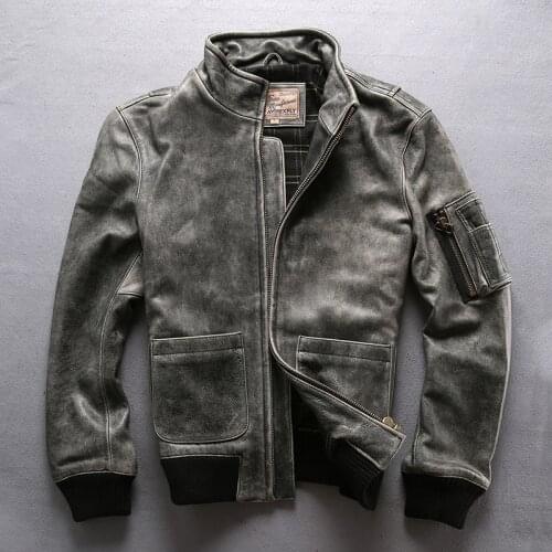 AVIREXFLY 2020 New Vintage Gray Genuine Cowskin Motorcycle leather jacket mens casual vintage cowhide leather jacket