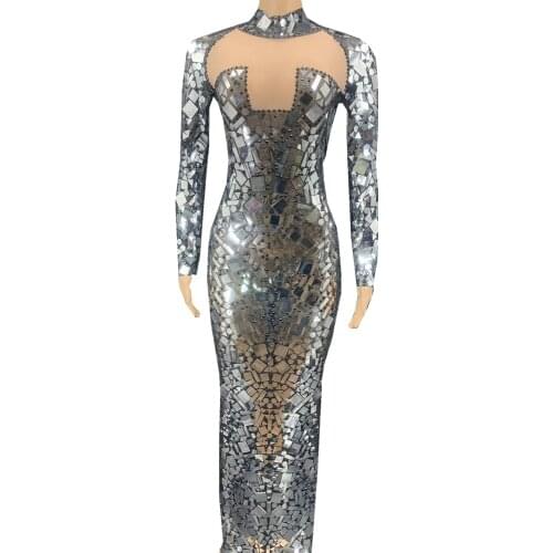 Shiny Silver Sequins Rhinestone Evening Party Dress Women Stretch Mesh Perspective Prom Long Dress Sexy Singer Stage Costumes
