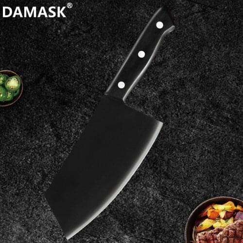 Damask Chinese 7 Inch Quality Stainless Steel Chopper Butcher Cleaver Wooden Handle 3Cr14 Stainless Steel Full Tang Beef Knife