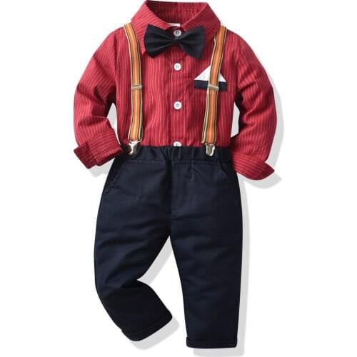 Kids Boys Clothes Cotton Red Outfits Party Set Long Sleeved Shirt + Solid Pants + Belt 4 PCS Children Costume 1 2 3 4 5 6 Years