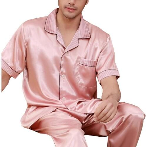 Sleepwear Set Casual Short Sleeve Turn Down Collar Top Pants Pockets Pajamas Sleepwear Set Mens Sleep Lounge пижама мужская