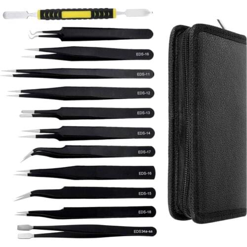 Durable Tweezers 12 Pieces ESD Tweezers Tools Kit Anti-static Non-magnetic Stainless Steel Multi-standard with Storage Bag