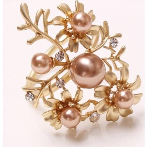 Hot 12 Pcs Wedding Holiday Gold Napkin Rings with Flowers Pearl Leaves Rhinestone Napkin Ring Party Decor ​for Dinner
