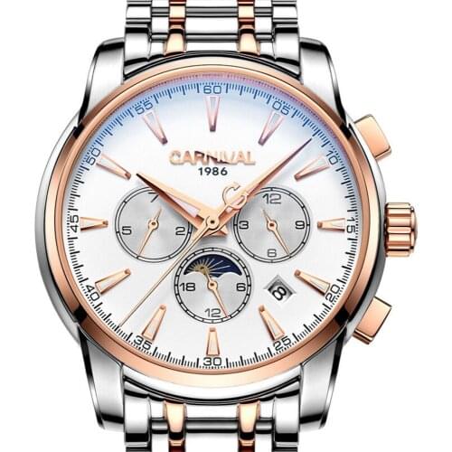 Carnival Mens Business Multifunction Dial Steel Watchband Automatic Self-Wind Mechanical Watch Wristwatch -gold bezel white dial