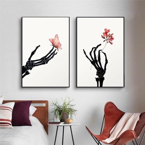 Skeleton Hand With Flower Butterfly Wall Art Poster Black White Abstract Canvas Painting Nordic Style Living Room Home Decor