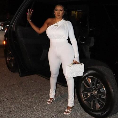 BKLD Women Jumpsuits Outfits Autumn New Solid Color Irregular One Shoulder Long Sleeve Bodycon Casual White Jumpsuit Clubwear