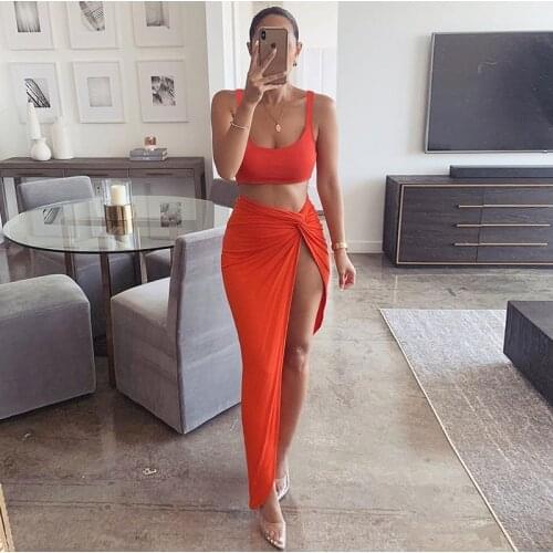 Townlike Irregular Sexy Two Pieces Set Spaghetti Strap Crop Top And High Split Midi Skirt 2020 Summer 2 Piece Set Women Outfits