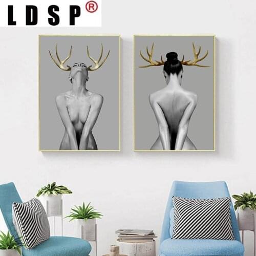 LDSP Nude Sexy Antler Woman Posters Prints Canvas Spray Figure Painting Pictures Modern Wall Art For Living Room Home Decor