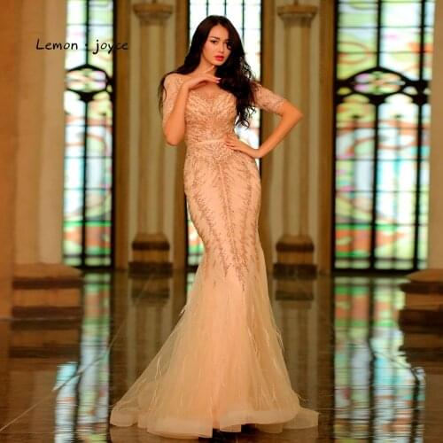Lemon joyce Champagne Evening Dresses with half Sleeves 2020 Luxury Beading Mermaid Gown Floor Length Prom Party Dress Plus Size
