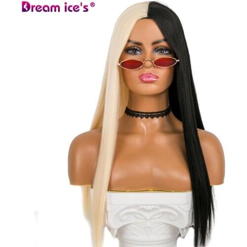 Synthetic half black and half white 21 inch long hair party wigs for women cosplay Middle Part Wig Dream ice
