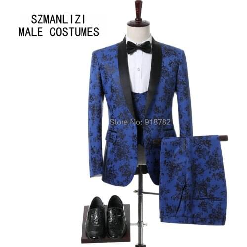 Italian Design 2018 Flower Blue Mens Dress Suits Prom Set Costume Smoking Coat Slim Fit Wedding Suits For Men Groom Tuxedos
