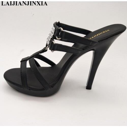 LAIJIANJINXIA New Fashion Slides Crystal Super High Thin Heel Platform Womens Shoes 13 cm Fish Mouth Sexy Elegant Women Slippers