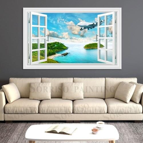 Modern Plane Aircraft Scenery Pretend Window 3D Wall Design Art Canvas Painting Posters Pictures Prints Home Living Room Decor