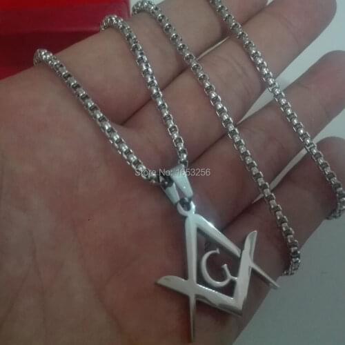 HIGH POLISHED STAINLESS STEEL MASON MASONIC SYMBOL PENDANT CHARM NECKLACE ROLO CHAIN 22'' 3MM