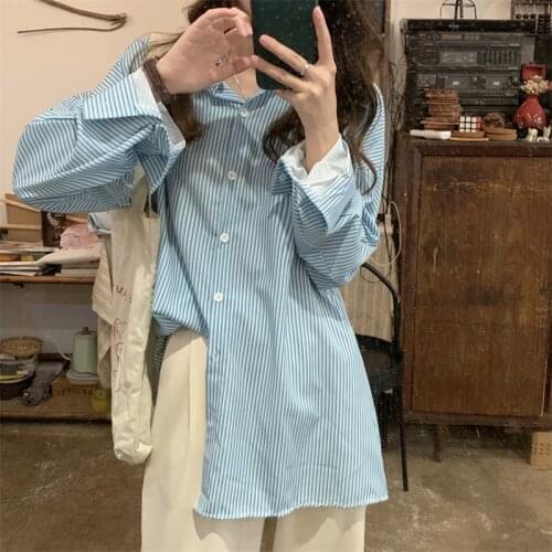 Alien Kitty 2021 New Autumn Womens Shirt Green Striped Single-Breasted Korean Loose Vintage Mid-Length Minimalist Basic Top