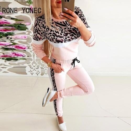 Women Casual Leopard Patchwork Round Neck Long Sleeves Sporty Sweatpants Sets