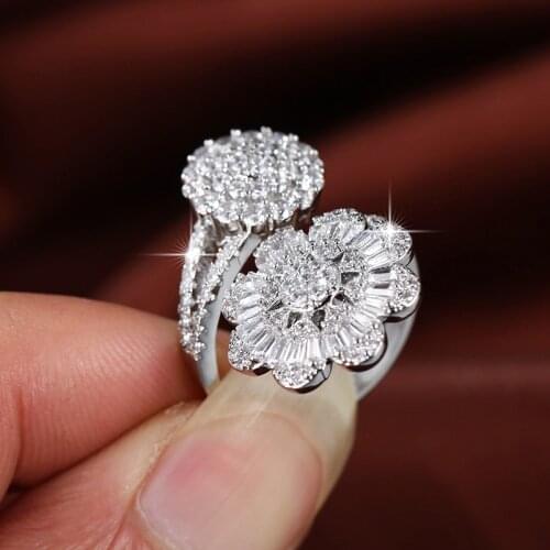 Inlaid Zircon Double Flowers Silver Plated Open Rings Women Rings Fashion Glamour Banquet Engagement Ring Birthday Gift For Girl