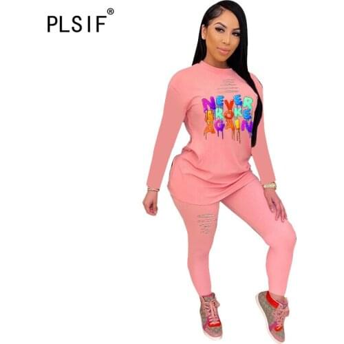 PLSIF Autumn winter letter print women set o neck long sleeve tops and long pant 2 pieces matching suit tracksuits