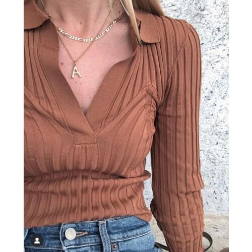 Womens Long Sleeve Pullover Slim Fitting Striped Ladies V Neck Knitwear Tops 2021 Early Spring