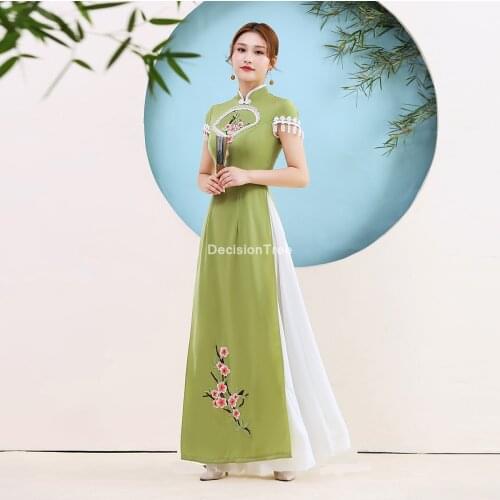 2021 ao dai classic style aodai dress short sleeve flower embroidery dress women vietnam long aodai dress elegant party dress