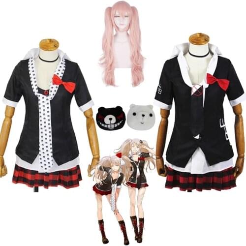 Dangan Ronpa Danganronpa Enoshima Junko Cosplay Wig Pink Long Wavy with Ponytail Clip Heat Resistant Wig Bear Hairpins Costume