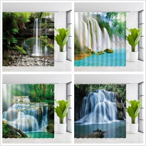 BylLlFir Shower Curtains Waterfall Natural Scenery Mountain Water View Bathroom Decor Polyester Curtain With Hooks