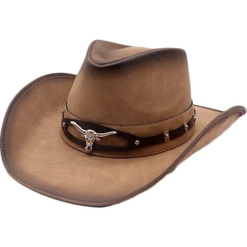 Fibonacci 2018 New Top Quality West Cowboy Hat Fashion Faux Leather Metal Bull Head Decoration Sombrero Western Men Women Cap