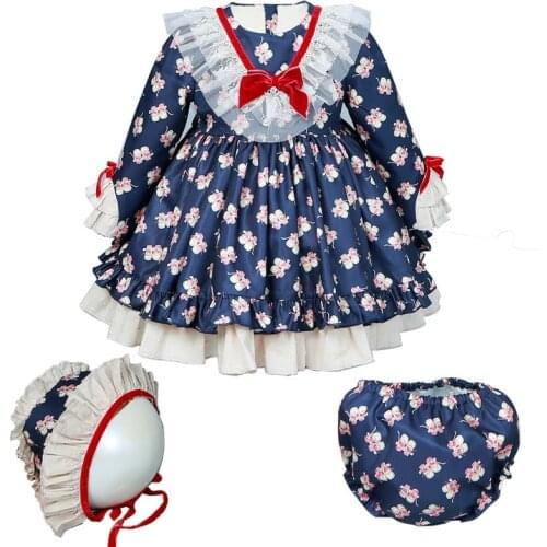 3PCS Baby Girl Spring Autumn Small Shoes Print Ball Gown Princess Dress Children Toddler Infant Vintage Spanish Lolita Clothes