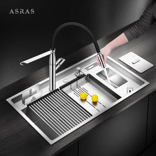 Asras 8649l+3059 SUS304 Handmade Kitchen Sink Brushed With Drainer And Kitchen Tap Manufacture,One-click Table Control Drainage