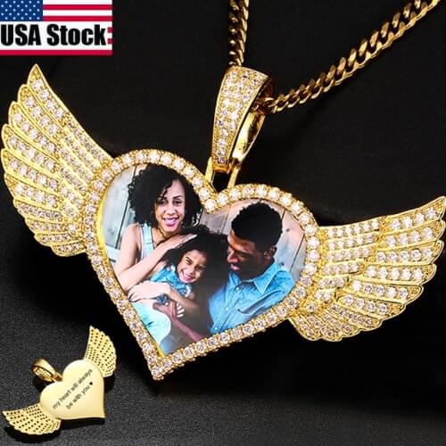 Heart Shaped Wings Custom Photo Medallions Necklace Pendant Personalized Name Engraved Pendant Crystal Mens Hip Hop Jewelry