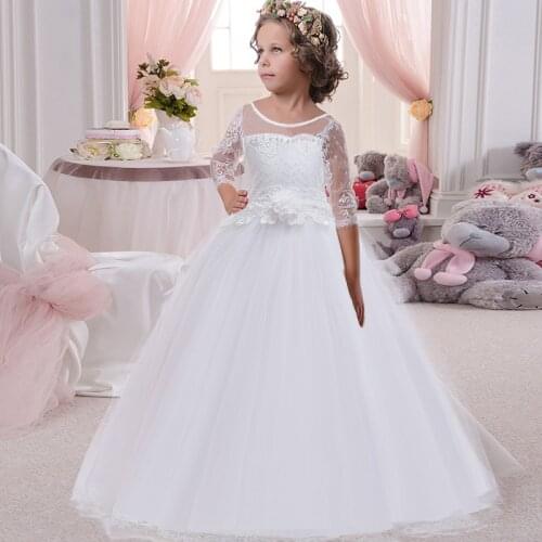 2021 Winter White Bridesmaid Dress For Girls Lace Pearl Princess Girl Kids Children Dresses Long Sleeve Party And Wedding Dress